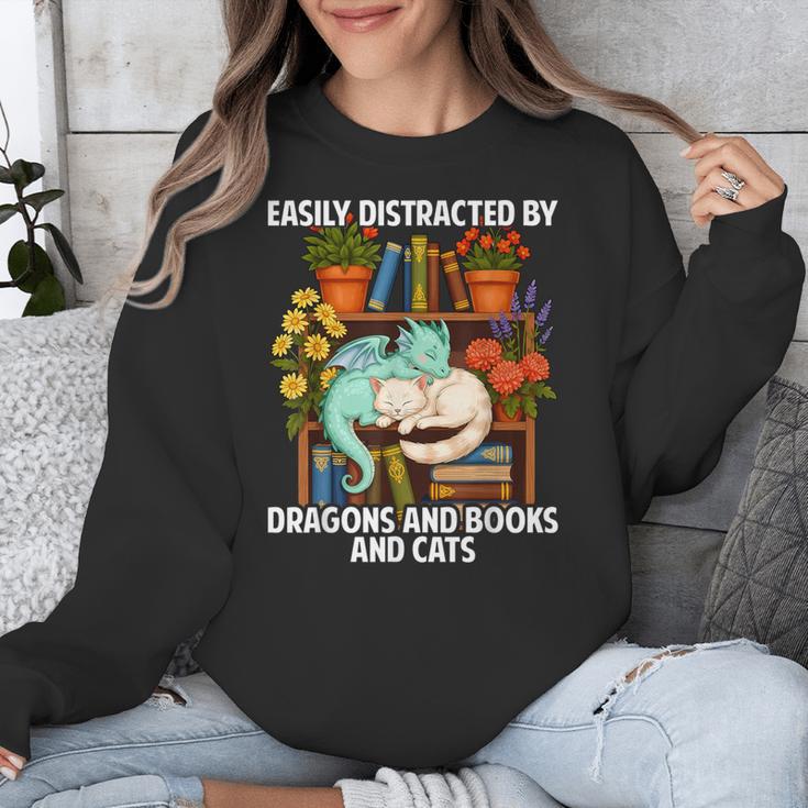 Easily Distracted By Dragons Books Cats Fantasy Book Lover Unisex Sweatshirt Easily Distracted By Dragons Books Cats Fantasy Book Lover Unisex Sweatshirt