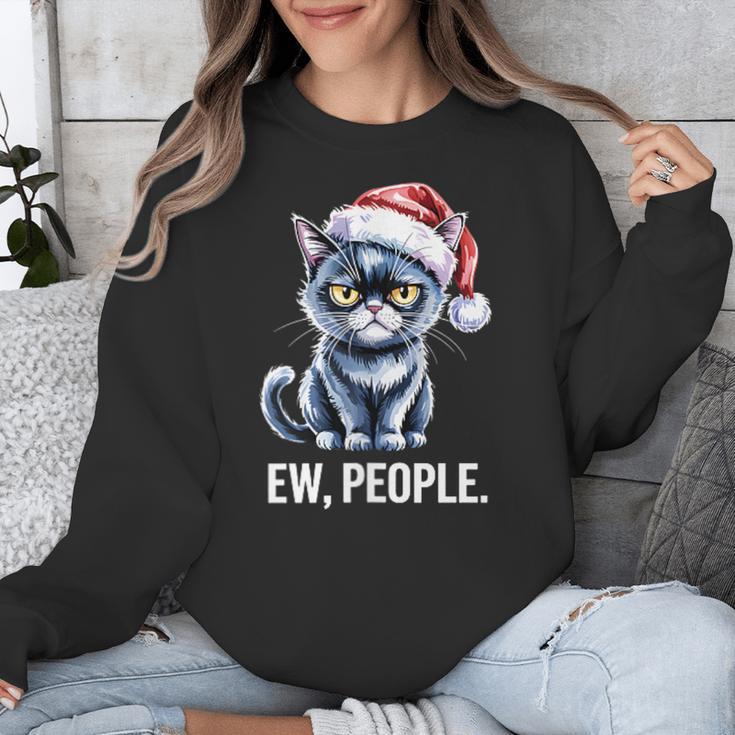 Ew People Christmas Cat Santa Hat Dad Introvert Unisex Sweatshirt
