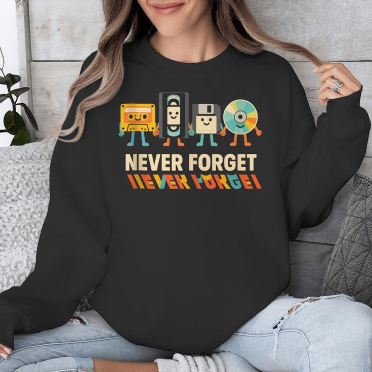 Never Forget Retro Cassette VHS Floppy CD Nostalgia Humor Unisex Sweatshirt