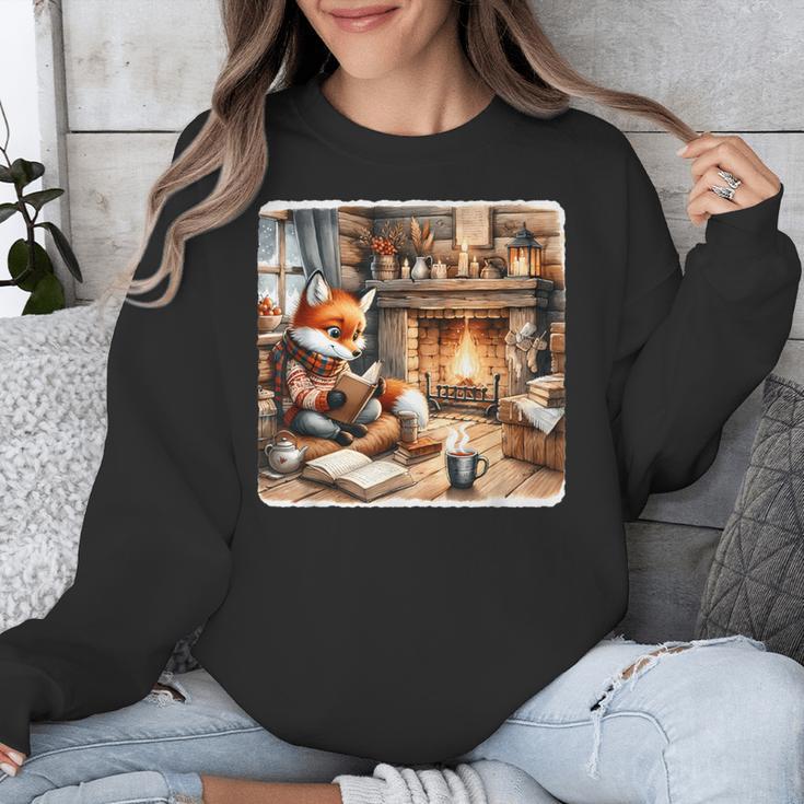 Fox Reads By Fireplace In Cabin Rustic Book Cozy Cup Tea Unisex Sweatshirt