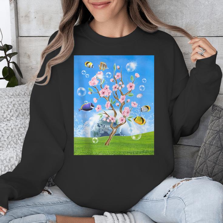 Frutiger Aero Aesthetic Tech Cherry Blossom Fishes Bubbles Unisex Sweatshirt Frutiger Aero Aesthetic Tech Cherry Blossom Fishes Bubbles Unisex Sweatshirt