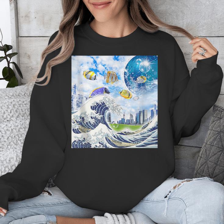 Frutiger Aero Aesthetic Tech Great Wave Of Kanagawa Fishes Unisex Sweatshirt