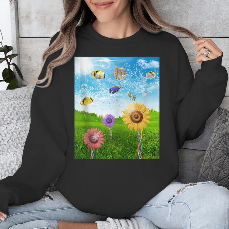 Frutiger Aero Aesthetic Tech Scenery Fishes Sunflower Unisex Sweatshirt