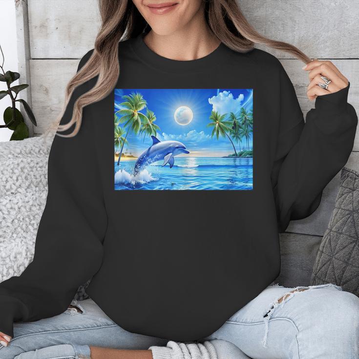 Frutiger Aero Dolphin Sunset Ocean With Palm Trees Y2k Unisex Sweatshirt