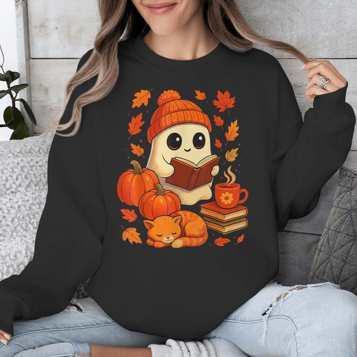 Ghost Reading Book Lovers Autumn Fall Halloween Unisex Sweatshirt