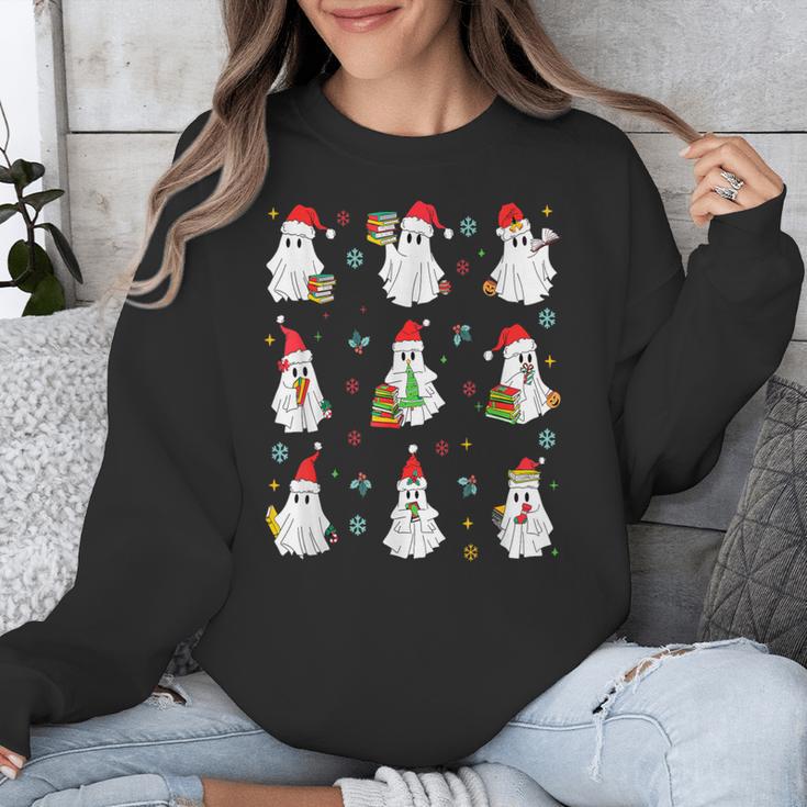 Ghosts Wearing Santa Hats Reading Books Christmas Book Lover Unisex Sweatshirt