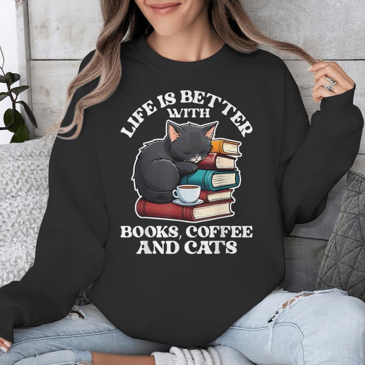 Life Is Better With Books Cats & Coffee Librarian Book Lover Unisex Sweatshirt