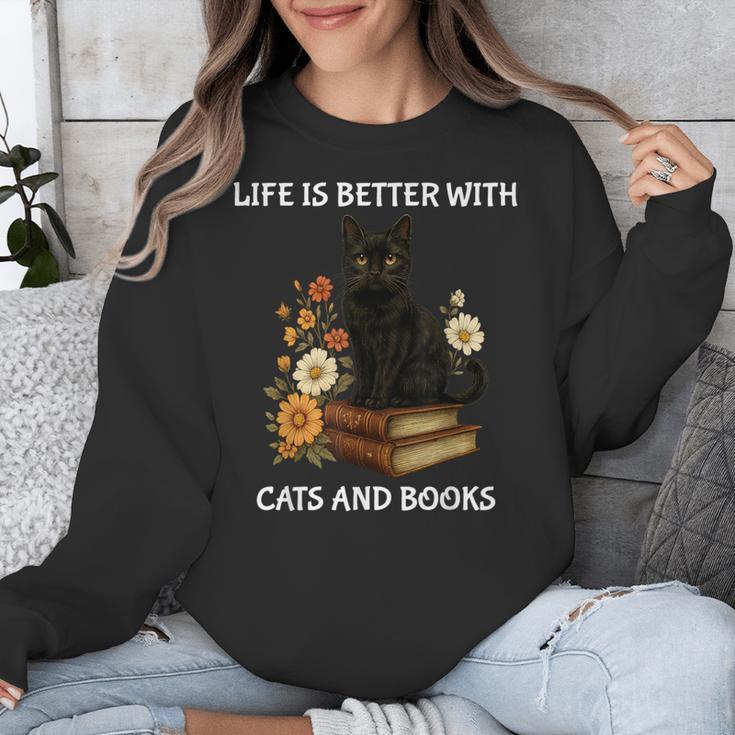 Life Is Better With Cats And Books Cute Cat Lover For Men Women Kids Unisex Sweatshirt