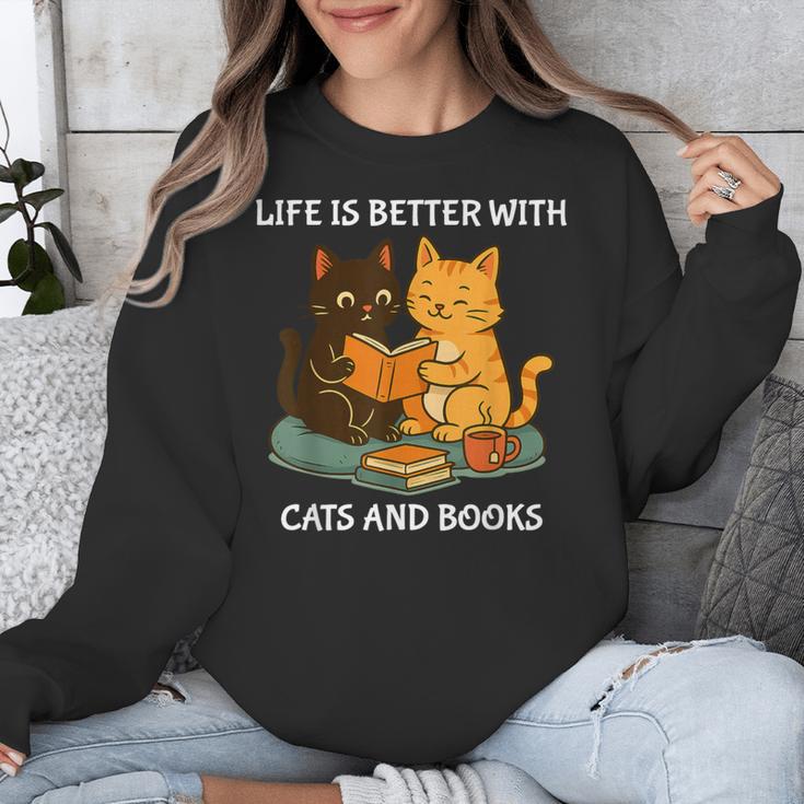 Life Is Better With Cats And Books Cute Cat Lover Unisex Sweatshirt Life Is Better With Cats And Books Cute Cat Lover Unisex Sweatshirt