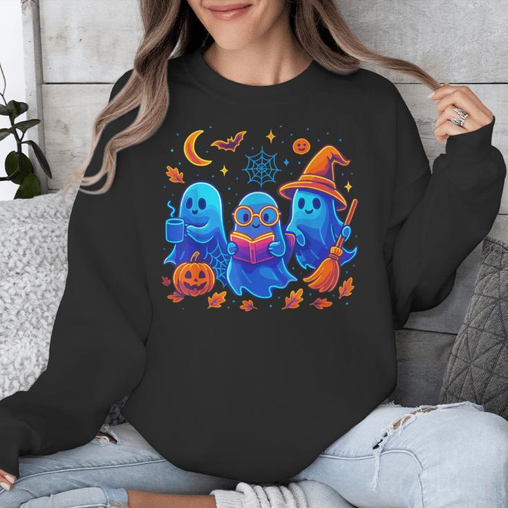 Little Ghost Coffee Tee Spooky Season Ghost Reading Book Unisex Sweatshirt