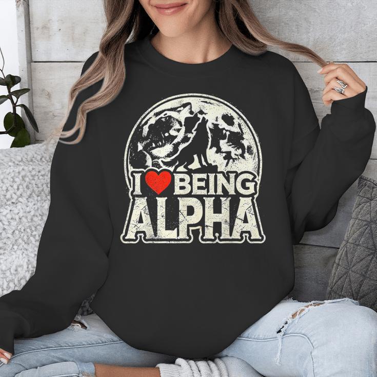 I Love Being Alpha Moonlit Wolf Meme Alpha Introvert Unisex Sweatshirt