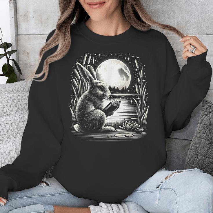Rabbit Reading Book Full Moon Lake Scenery Unisex Sweatshirt