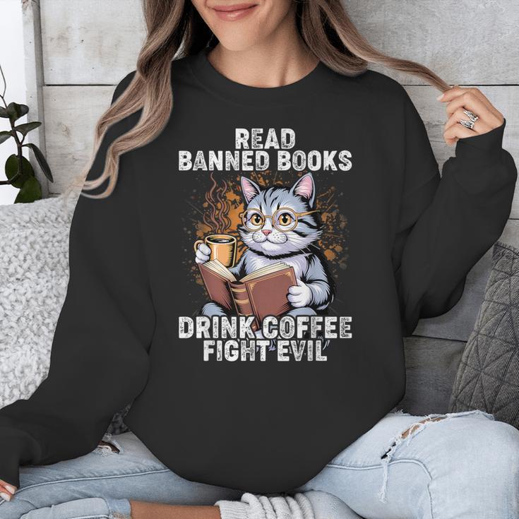 Read Banned Books Drink Coffee Fight Evil Cat Unisex Sweatshirt