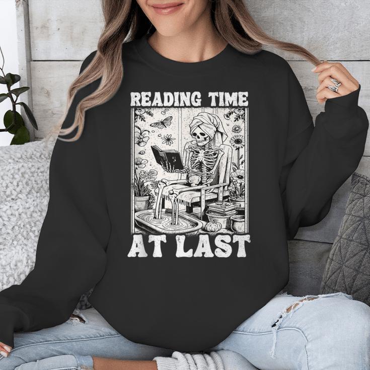 Reading Time At Last Book Lover Introvert Skeleton Reading Unisex Sweatshirt