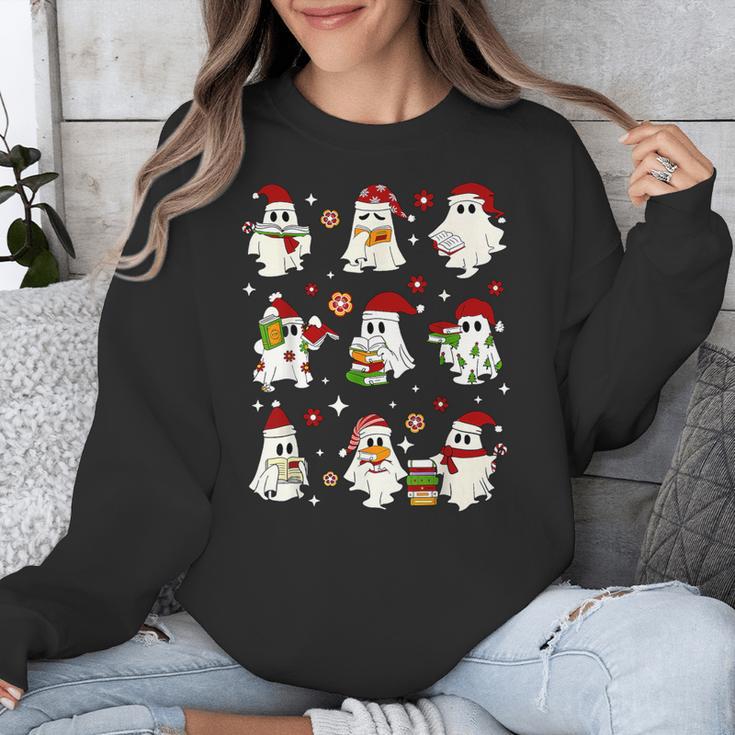 Santa Ghost Reading Books Christmas Library Teacher Unisex Sweatshirt