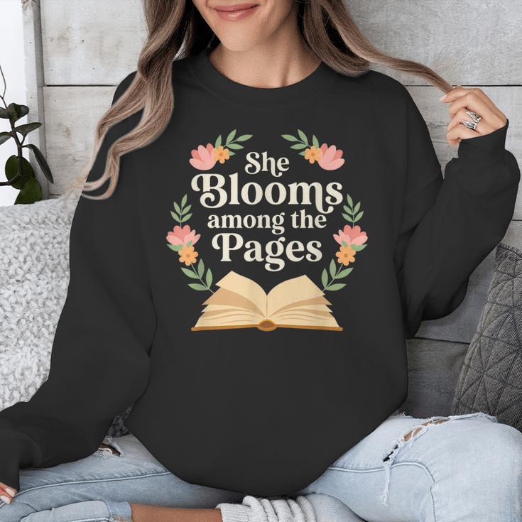 She Blooms Among The Pages Women Mom Wife Floral Book Quote Unisex Sweatshirt