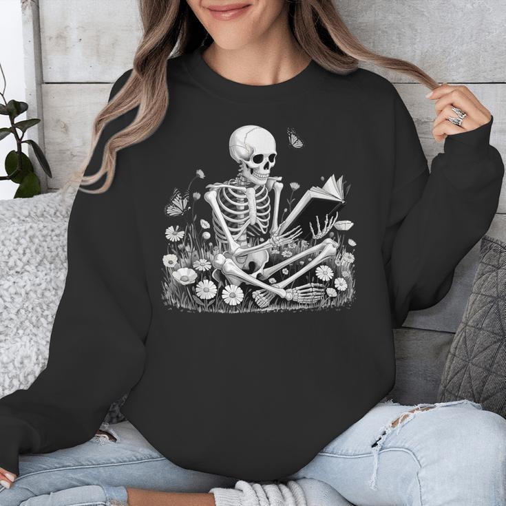 Skeleton Reading Book Floral Dark For Book Lovers Unisex Sweatshirt