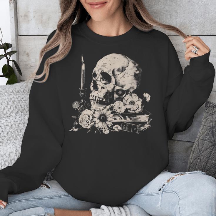 Skull Books Flowers Goth Reader Grunge Dark Alt Aesthetic Unisex Sweatshirt