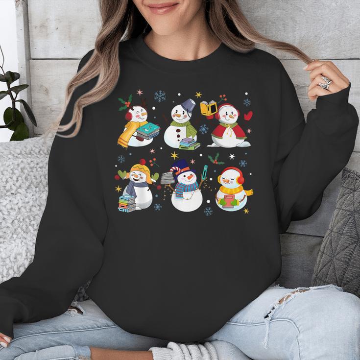 Snowman Reading Books Teacher Christmas Librarian Bookworm Unisex Sweatshirt
