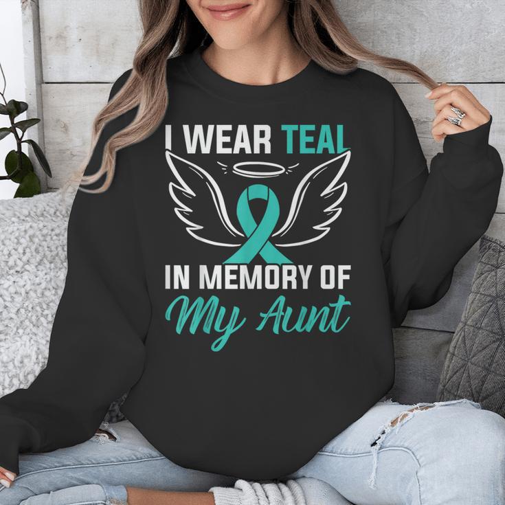 Teal In Memory Of My Aunt Ovary Ovarian Cancer Teal Ribbon Unisex Sweatshirt