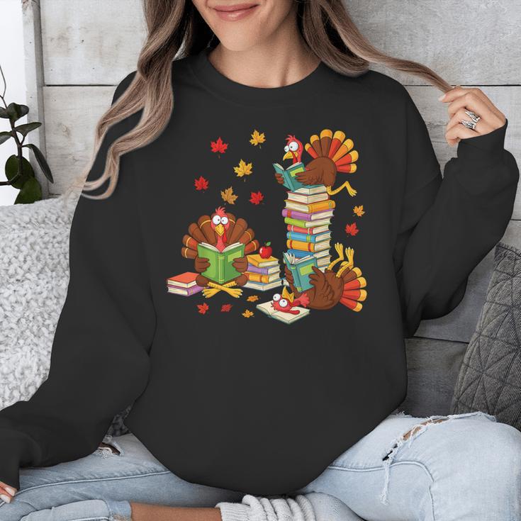 Turkey Reading Books Fall Librarian Book Lover Teacher Kids Unisex Sweatshirt
