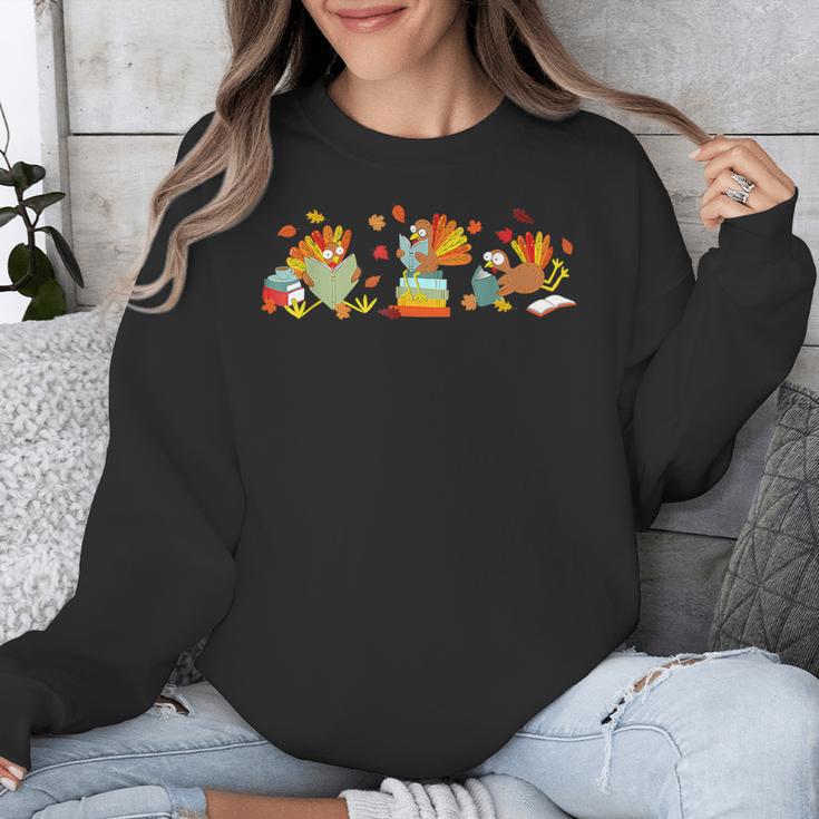 Turkey Reading Books Fall Thanksgiving Teacher Book Lovers Unisex Sweatshirt