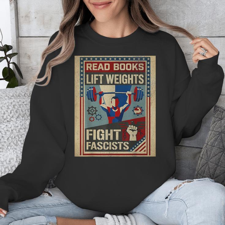 Vintage Style Read Books Lift Weights Fight Fascists Retro Unisex Sweatshirt