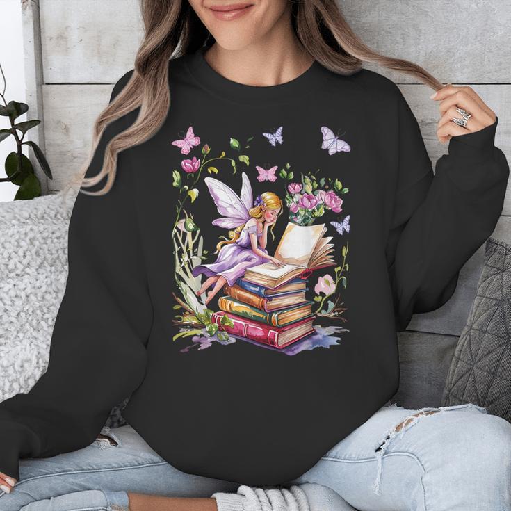 Watercolor Butterfly Fairy Read Book Library Fantasy Novel Unisex Sweatshirt