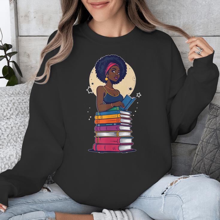 Woman And Books Stack Afro Girl Reading Lover Unisex Sweatshirt