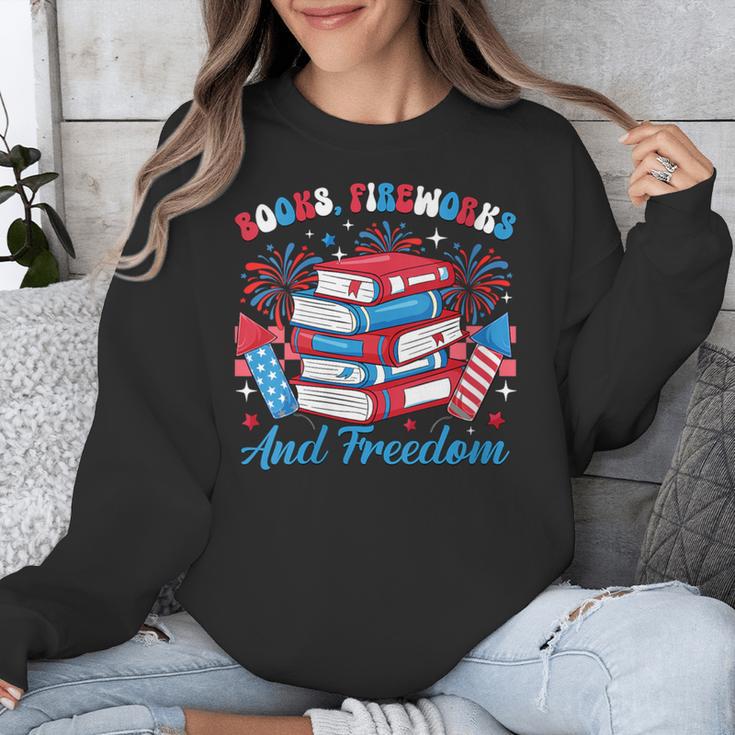 Women's Books Fireworks And Freedom Independence Day Book Lover Unisex Sweatshirt