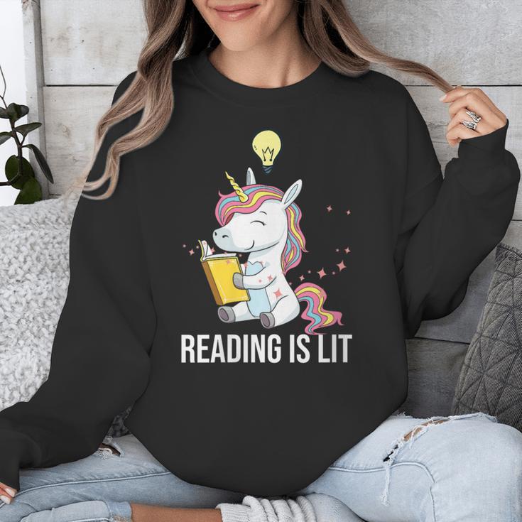 Women's Reading Is Lit Unicorn Library English Teacher Book Lover Unisex Sweatshirt