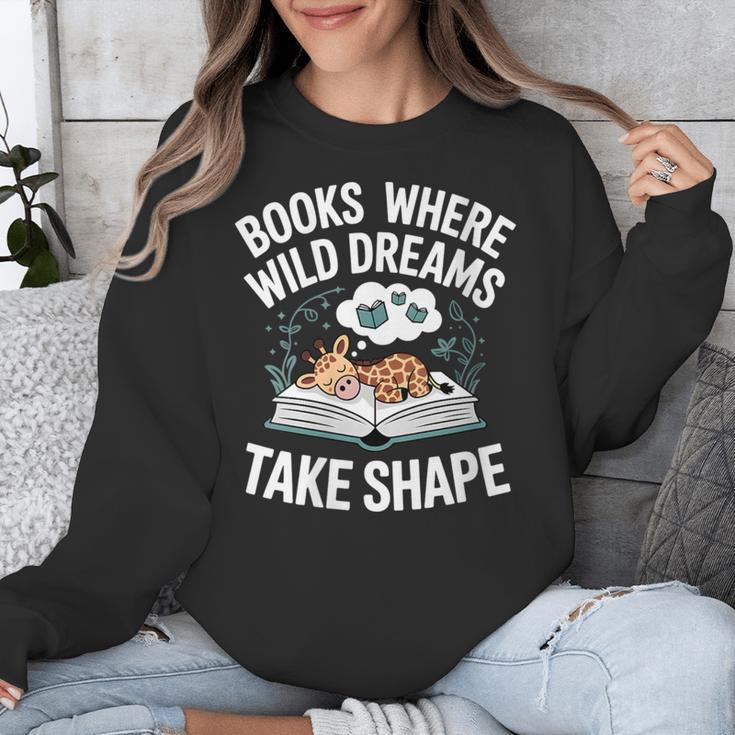 Women's Wild Dreams Reading Giraffe Book Reader Zoo Animals Kids Unisex Sweatshirt