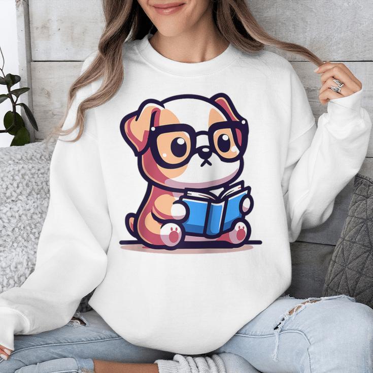 Adorable Book Lover Bulldog With Reading Glasses Cute Raglan Baseball Tee Unisex Sweatshirt