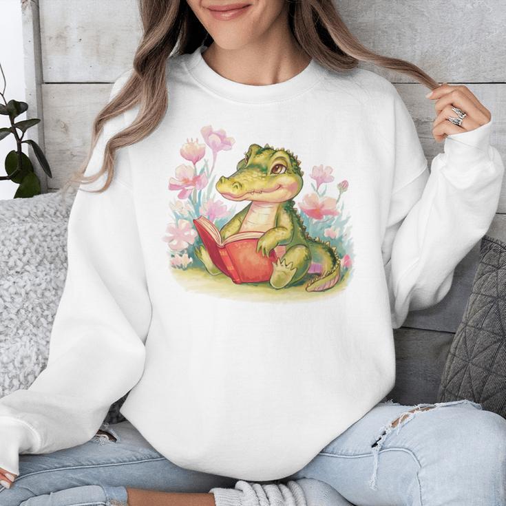 Crocodile Reading Book Watercolor Flowers Kids Unisex Sweatshirt