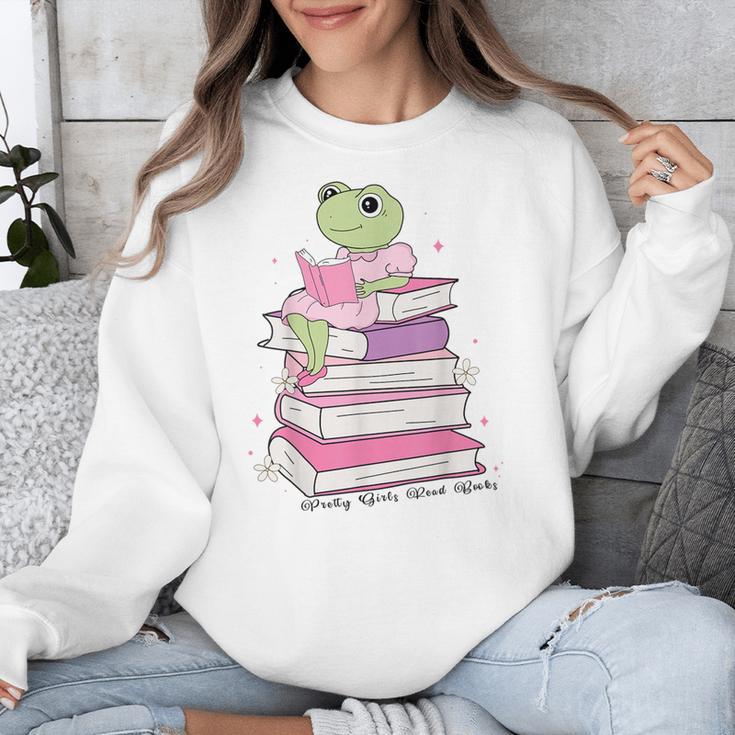 Cute Book Lover Frog Pretty Girls Read Books Kawaii Reading Unisex Sweatshirt