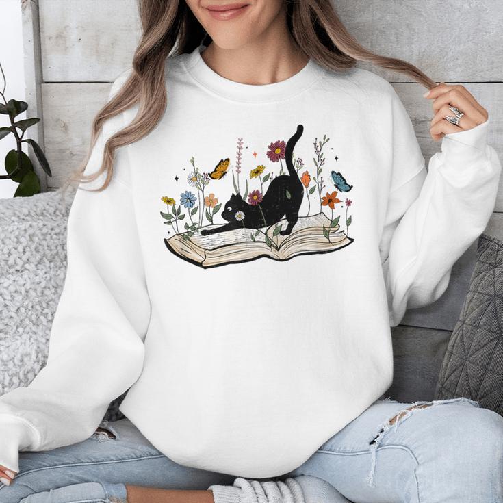 Cute Cat Flower Garden Book Kitty Reading Floral Men Women Girls Kids Unisex Sweatshirt