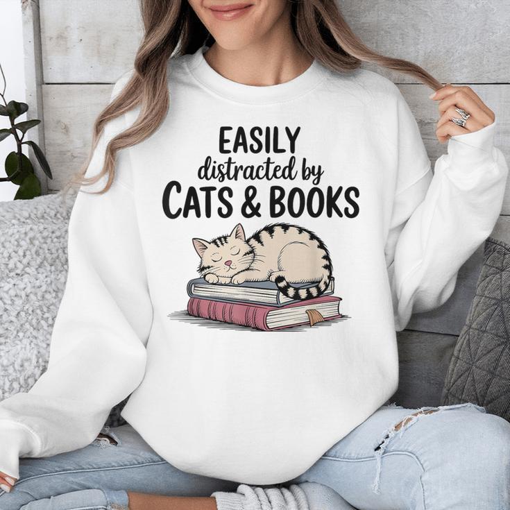 Easily Distracted By Cats And Books Cute Book Lover Unisex Sweatshirt
