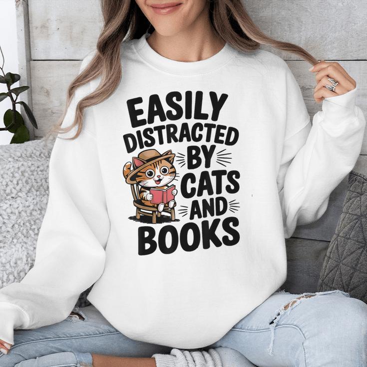 Easily Distracted By Cats And Books Lovers Reading Unisex Sweatshirt Easily Distracted By Cats And Books Lovers Reading Unisex Sweatshirt