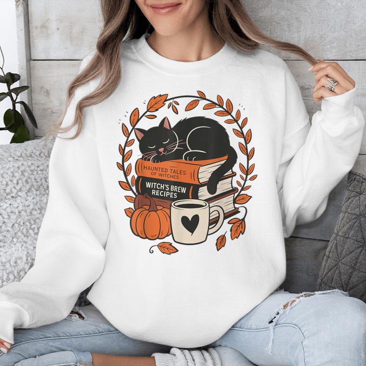 Fall Book Teacher Cat Books Halloween Autumn Librarian Unisex Sweatshirt