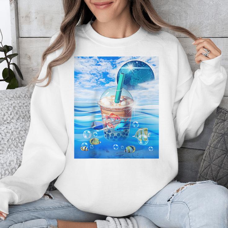 Frutiger Aero Aesthetic Tech Bubble Tea Boba Milktea Fishes Raglan Baseball Tee Unisex Sweatshirt