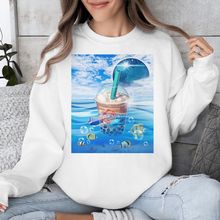 Frutiger Aero Aesthetic Tech Bubble Tea Boba Milktea Fishes Unisex Sweatshirt