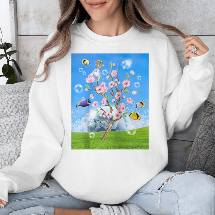 Frutiger Aero Aesthetic Tech Cherry Blossom Fishes Bubbles Raglan Baseball Tee Unisex Sweatshirt