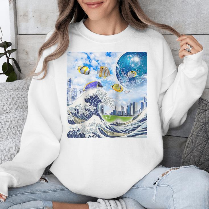 Frutiger Aero Aesthetic Tech Great Wave Of Kanagawa Fishes Raglan Baseball Tee Unisex Sweatshirt