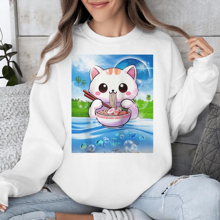 Frutiger Aero Aesthetic Tech Kawaii Ramen Cat Fishes Raglan Baseball Tee Unisex Sweatshirt