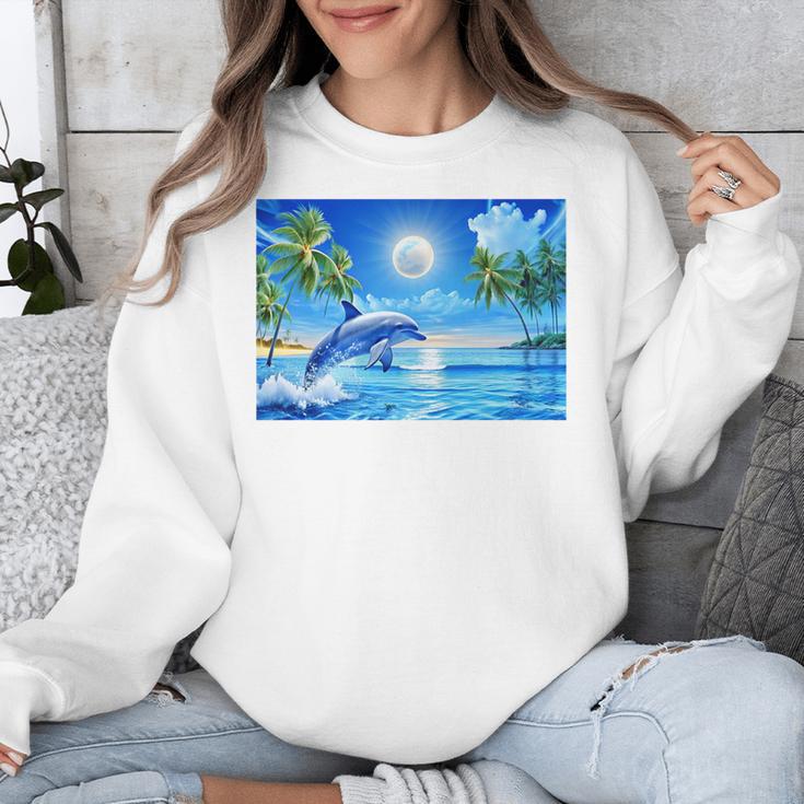 Frutiger Aero Dolphin Sunset Ocean With Palm Trees Y2k Premium Unisex Sweatshirt
