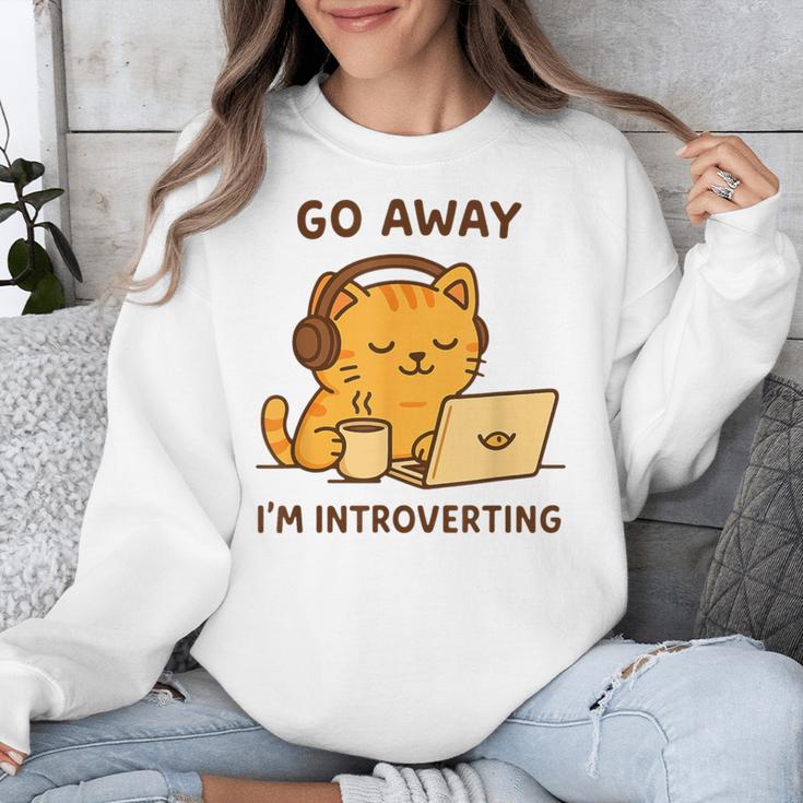 Go Away I'm Introverting Cozy Cat With Laptop And Coffee Unisex Sweatshirt