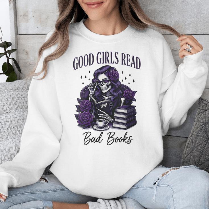 Good Girls Read Bad Books Sarcastic Skeleton Goth Skull Unisex Sweatshirt