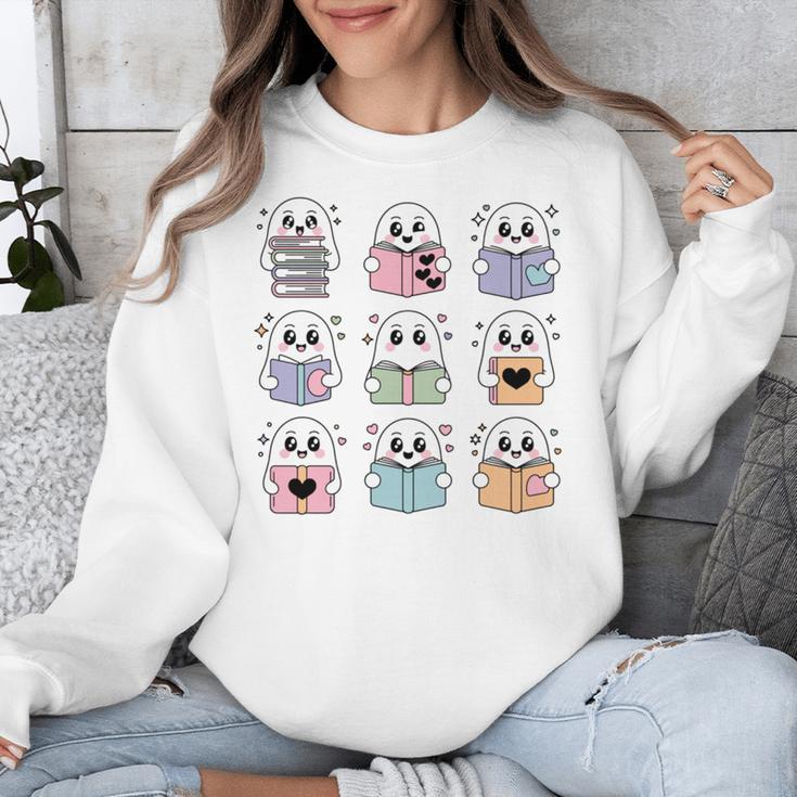 Halloween Ghosts Reading Books Pattern Spooky Kawaii Anime Unisex Sweatshirt