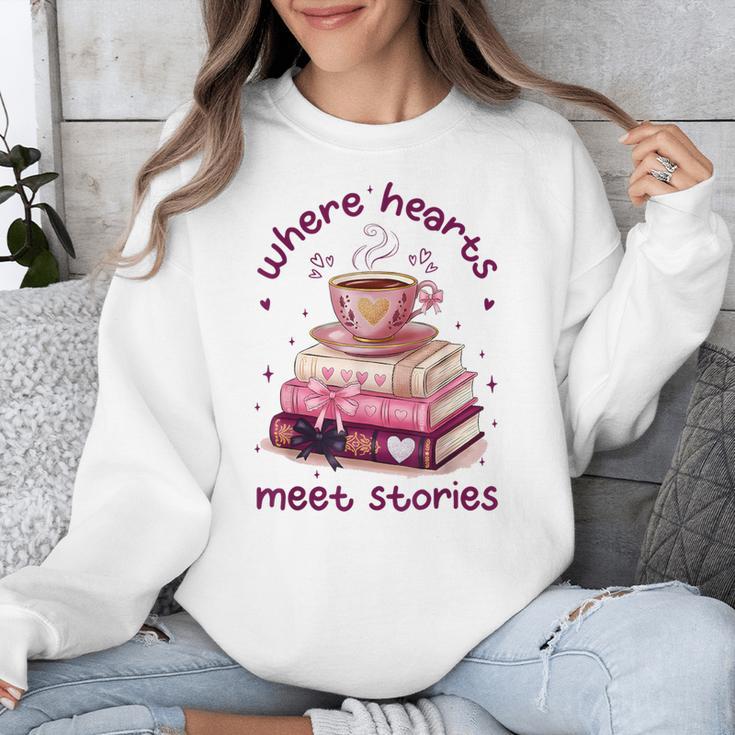 Where Hearts Groovy Meet Stories Coffee Books Valentines Day Unisex Sweatshirt
