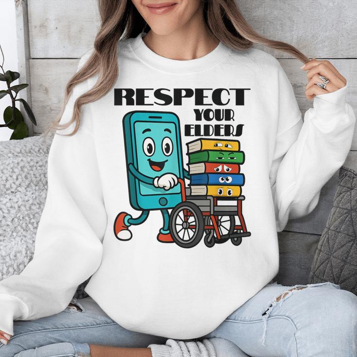 Respect Elders Cellphone Pushing Books In a Wheelchair Unisex Sweatshirt Respect Elders Cellphone Pushing Books In a Wheelchair Unisex Sweatshirt